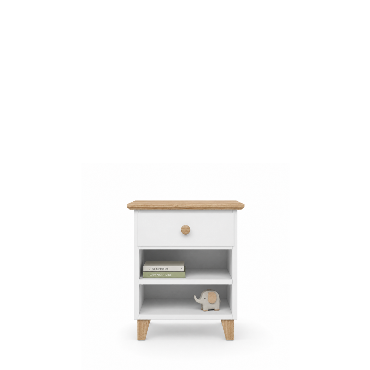 Houten nachtkastje 1S N02 Scandi wit / natuurlijk eiken