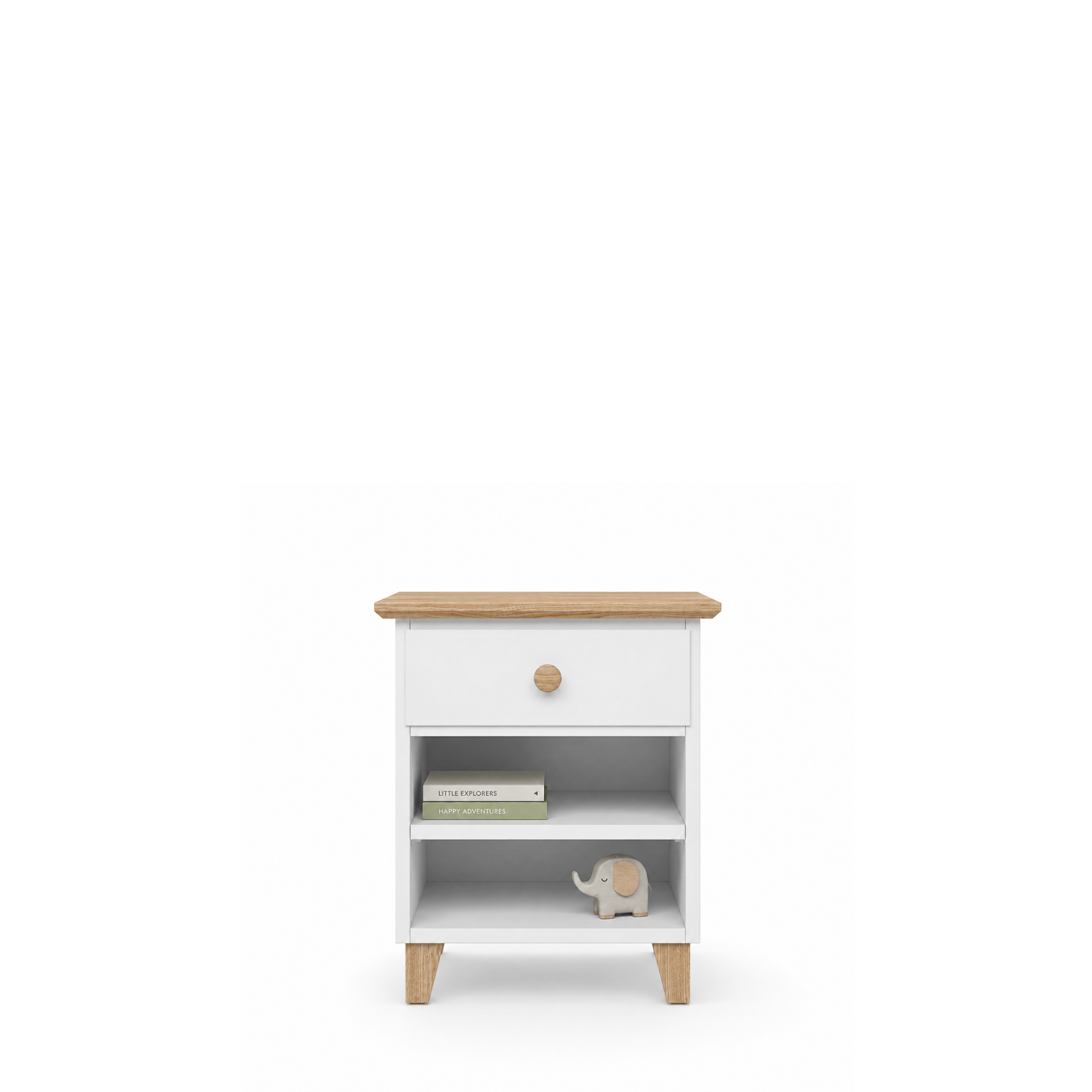Houten nachtkastje 1S N02 Scandi wit / natuurlijk eiken