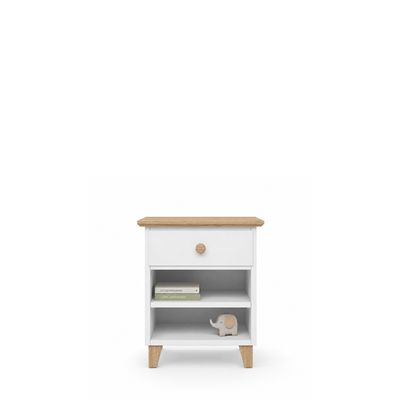 Houten nachtkastje 1S N02 Scandi wit / natuurlijk eiken
