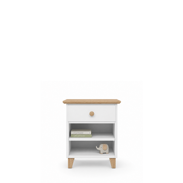 Houten nachtkastje 1S N02 Scandi wit / natuurlijk eiken