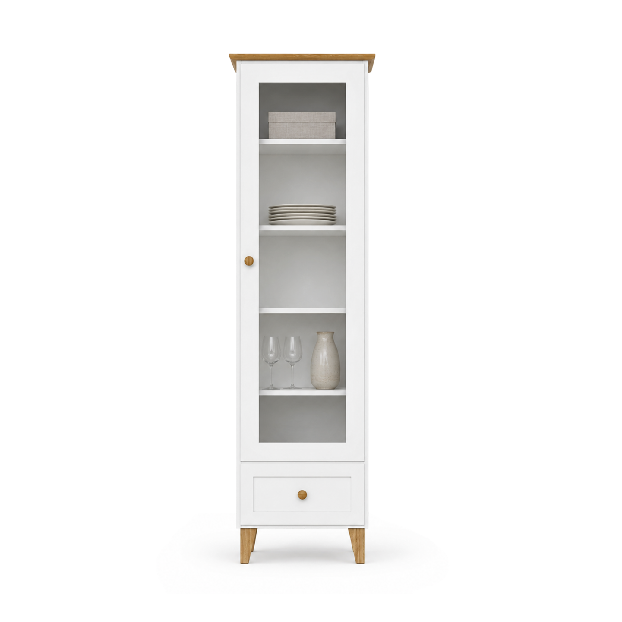 Houten vitrinekast 1S 57 Scandi wit / natureel eiken