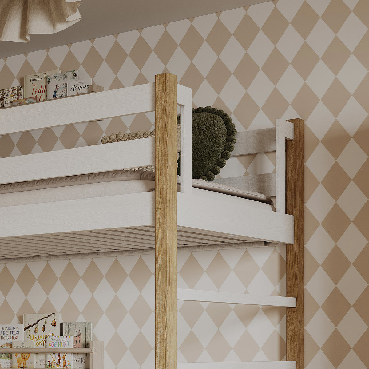 Houten stapelbed met lade wit-eiken van hout – Scandinavisch design, Nizio